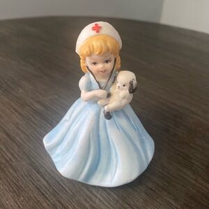 Charming Vintage Nurse Figurine with Puppy - Blue and White